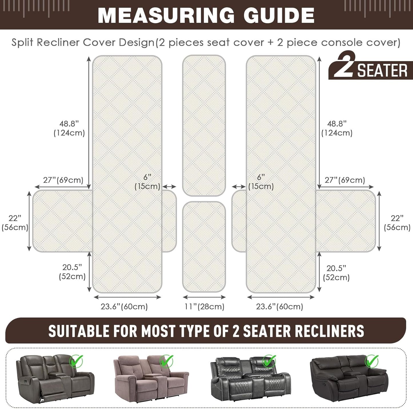 100% Waterproof Recliner Cover with Center Console -2 Seat