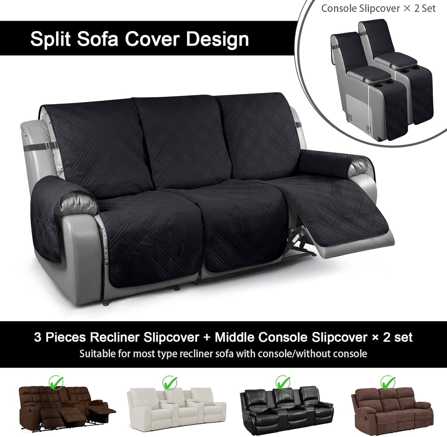 100% Waterproof Recliner Cover with Center Console -3 Seat