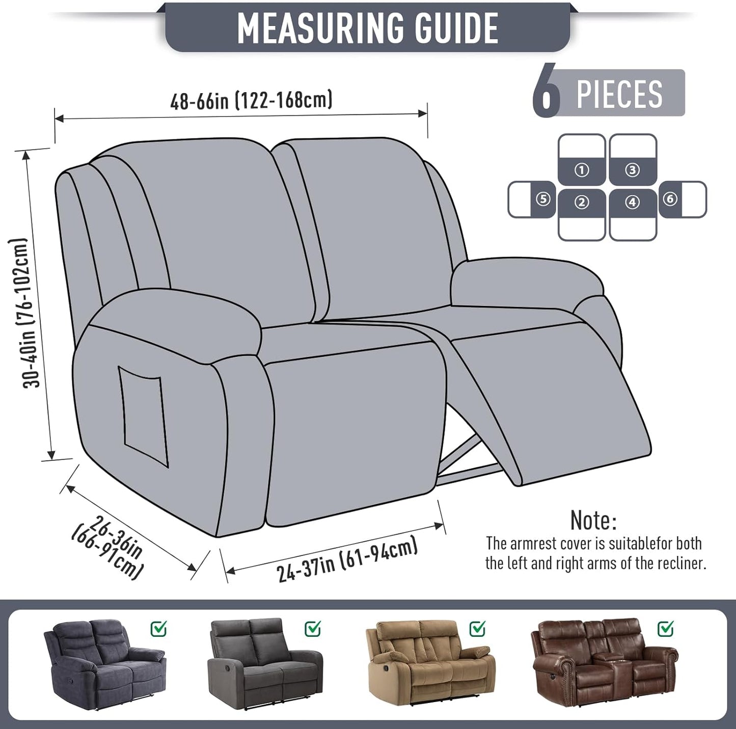 TAOCOCO Recliner Loveseat Slipcover 6 Pieces Dual Recliner Sofa Covers for 2 Seat