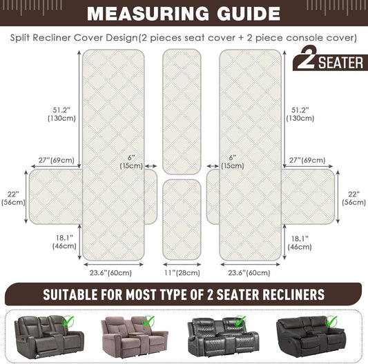 TAOCOCO Loveseat Recliner Cover with Center Console, 100% Waterproof Pet Cover for Dual Recliner with Straps Design, Split Reclining Loveseat Cover Furniture Pet&Kids Protector