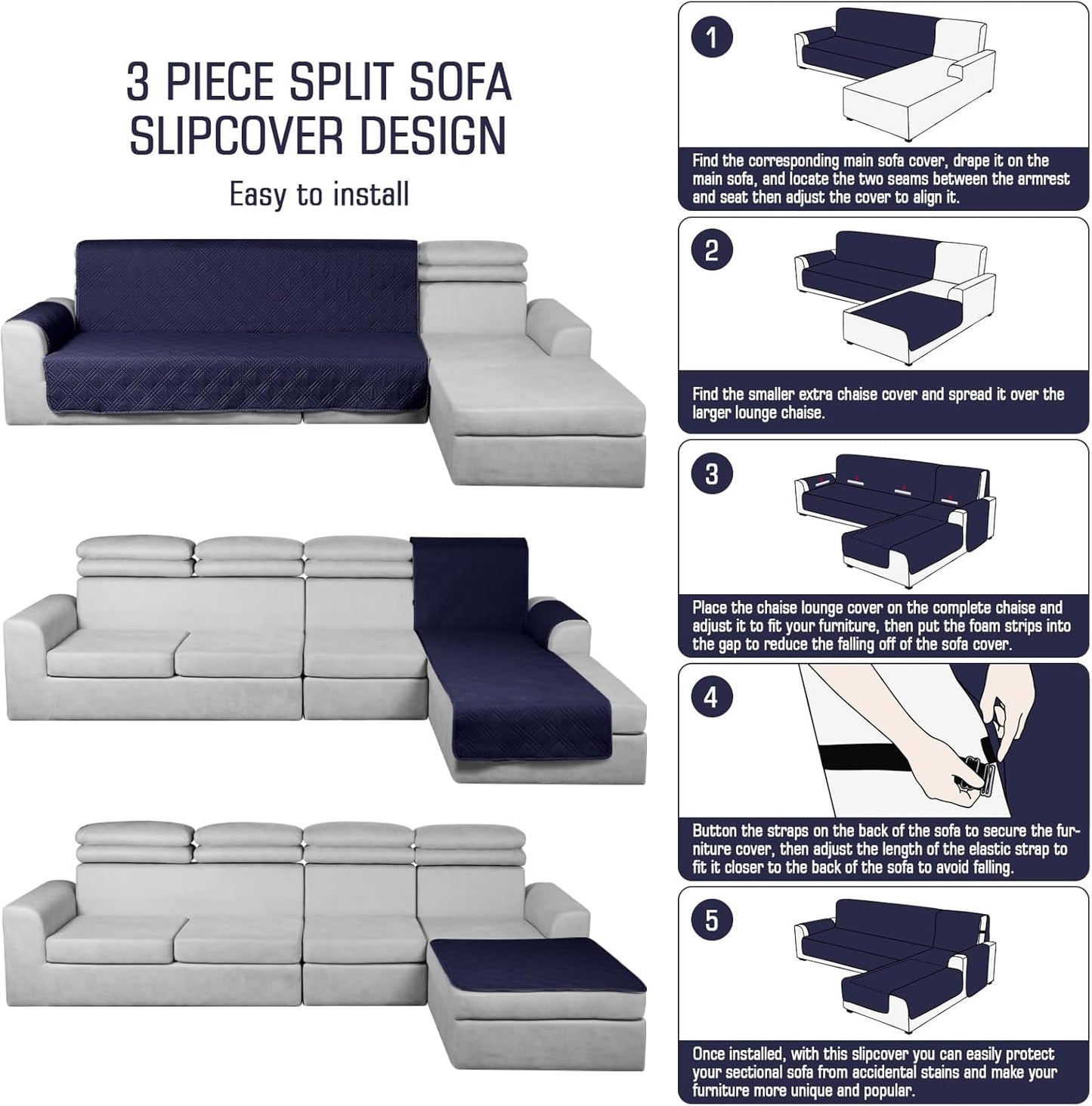 TAOCOCO 100% Waterproof 3-Piece Reversible L-Shaped Sectional Sofa Cover with Chaise,X-Large