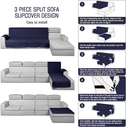 TAOCOCO 100% Waterproof 3-Piece Reversible L-Shaped Sectional Sofa Cover with Chaise,X-Large
