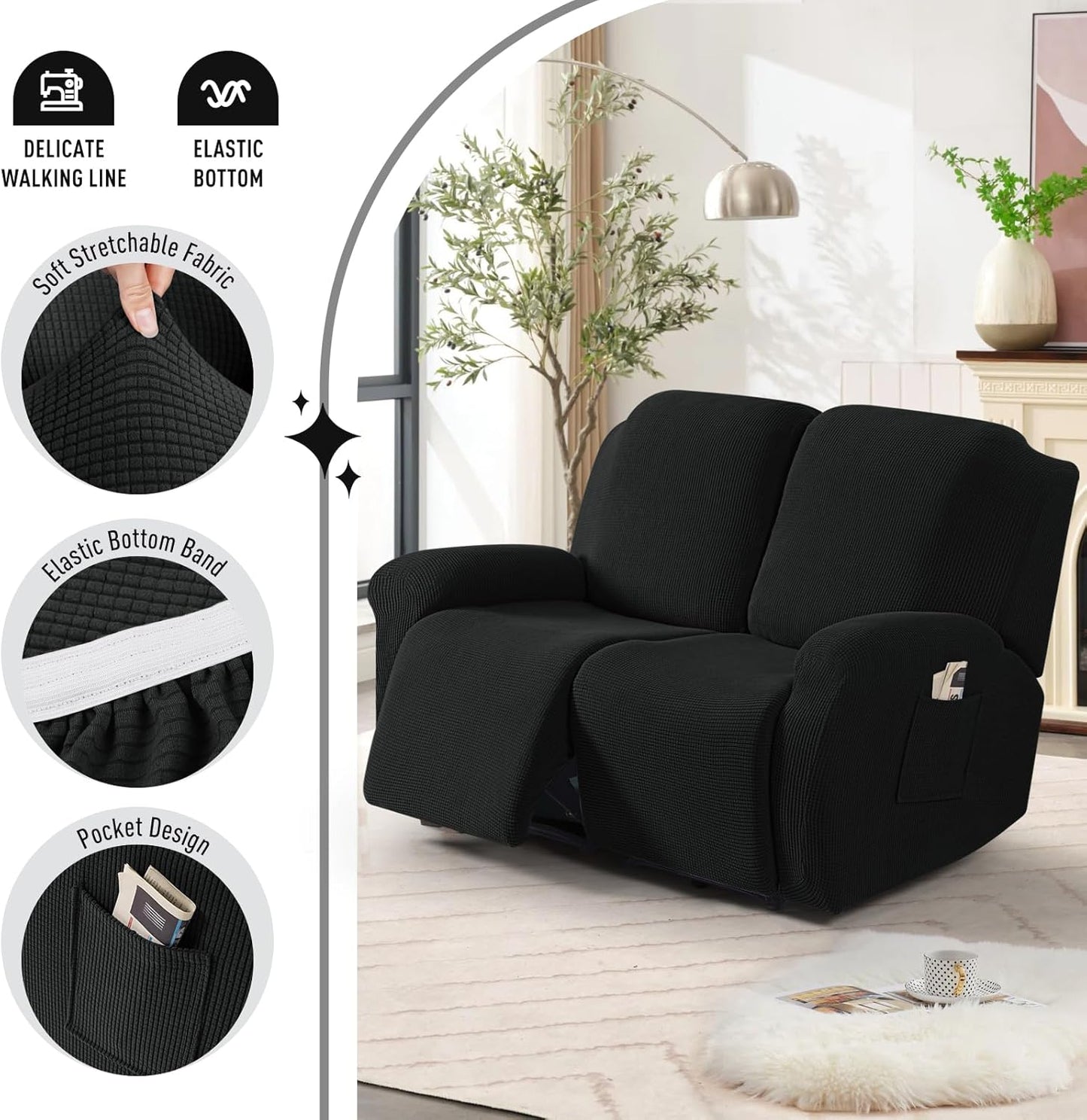 TAOCOCO 6-Piece 2XL Dual Recliner Loveseat Slipcover, Stretch Jacquard 2-Seater Sofa Cover