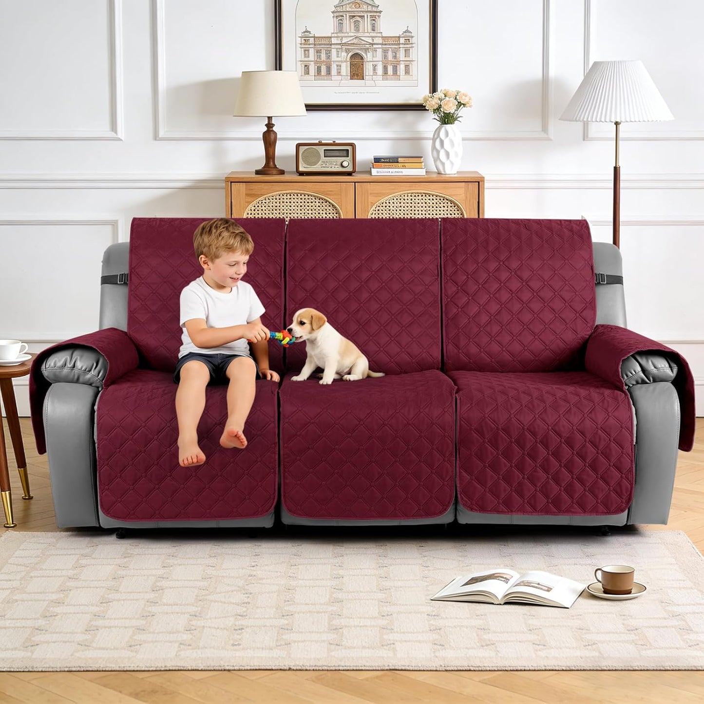 TAOCOCO 100% Waterproof 3-Seater Recliner Couch Cover with Leg Straps, Reversible Washable Furniture Protector for Pets & Kids