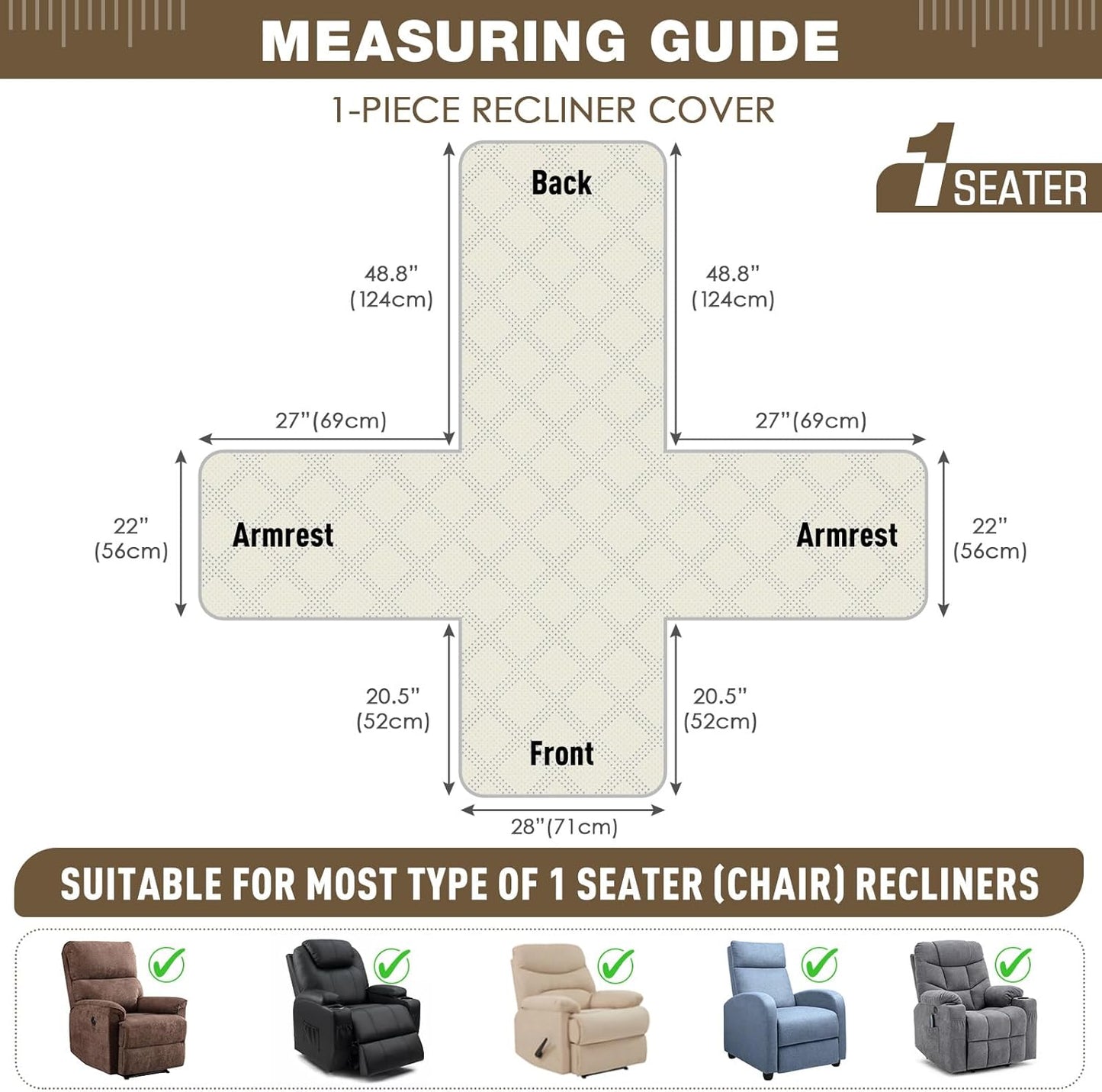 TAOCOCO 100% Waterproof 28 Inch  1-Seater Recliner Chair Cover with Side Pocket & Anti-Slip Straps