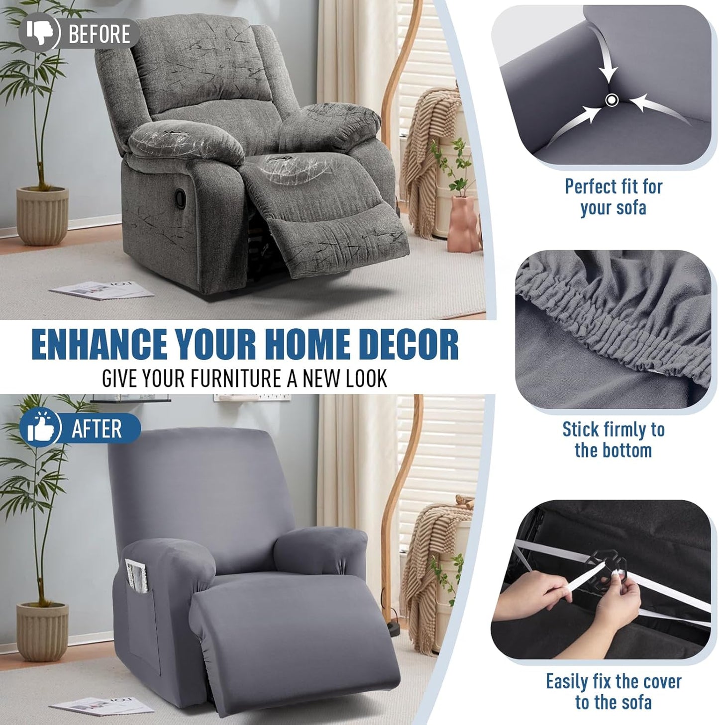 Recliner Chair Covers 4-Pieces for Oversized Recliner - 1 seat
