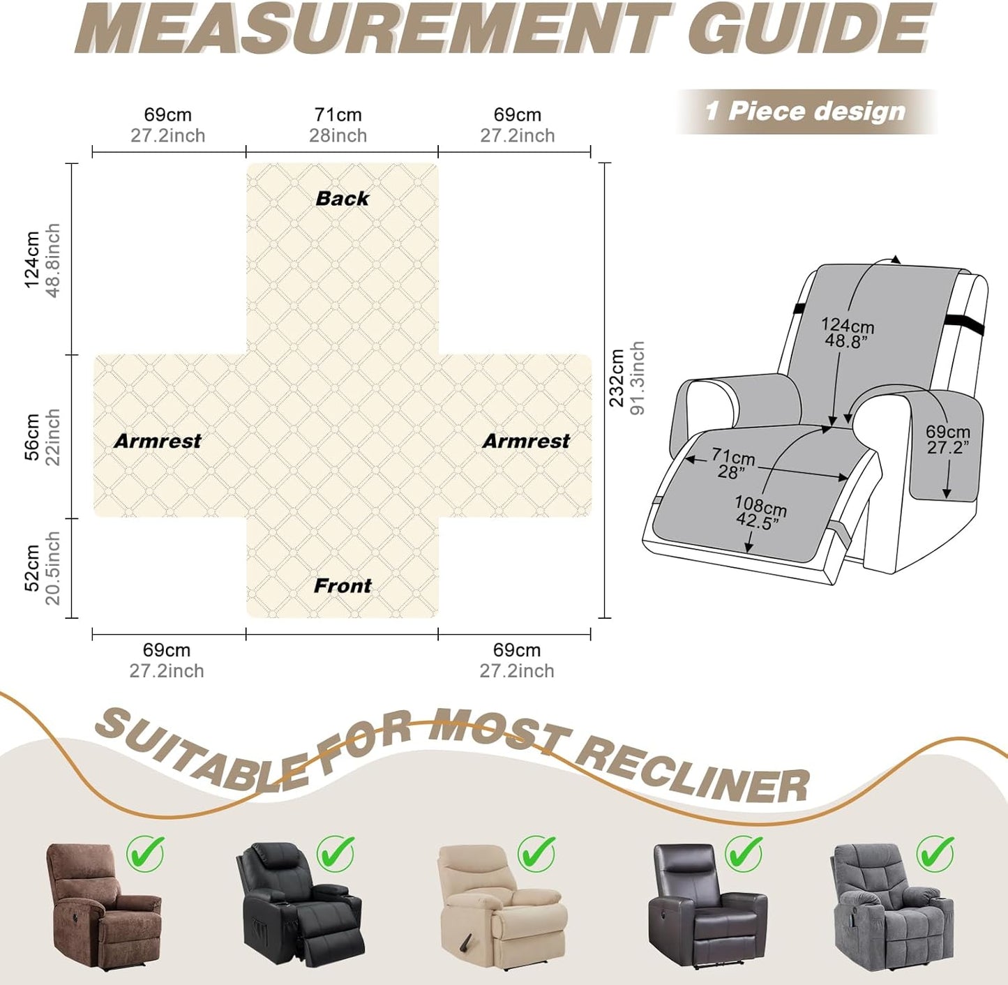 TAOCOCO 100% Waterproof 1-Seater Recliner Cover, 28 Inch