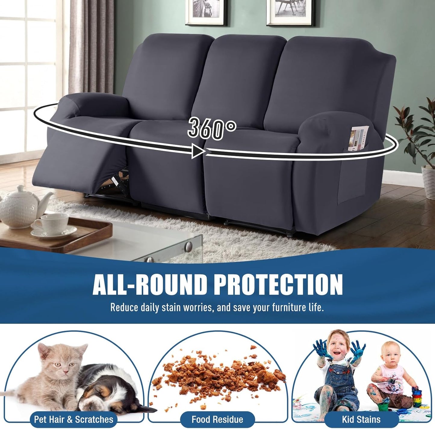 3-Piece Stretch Polyester 3-Seater Recliner Sofa Slipcover