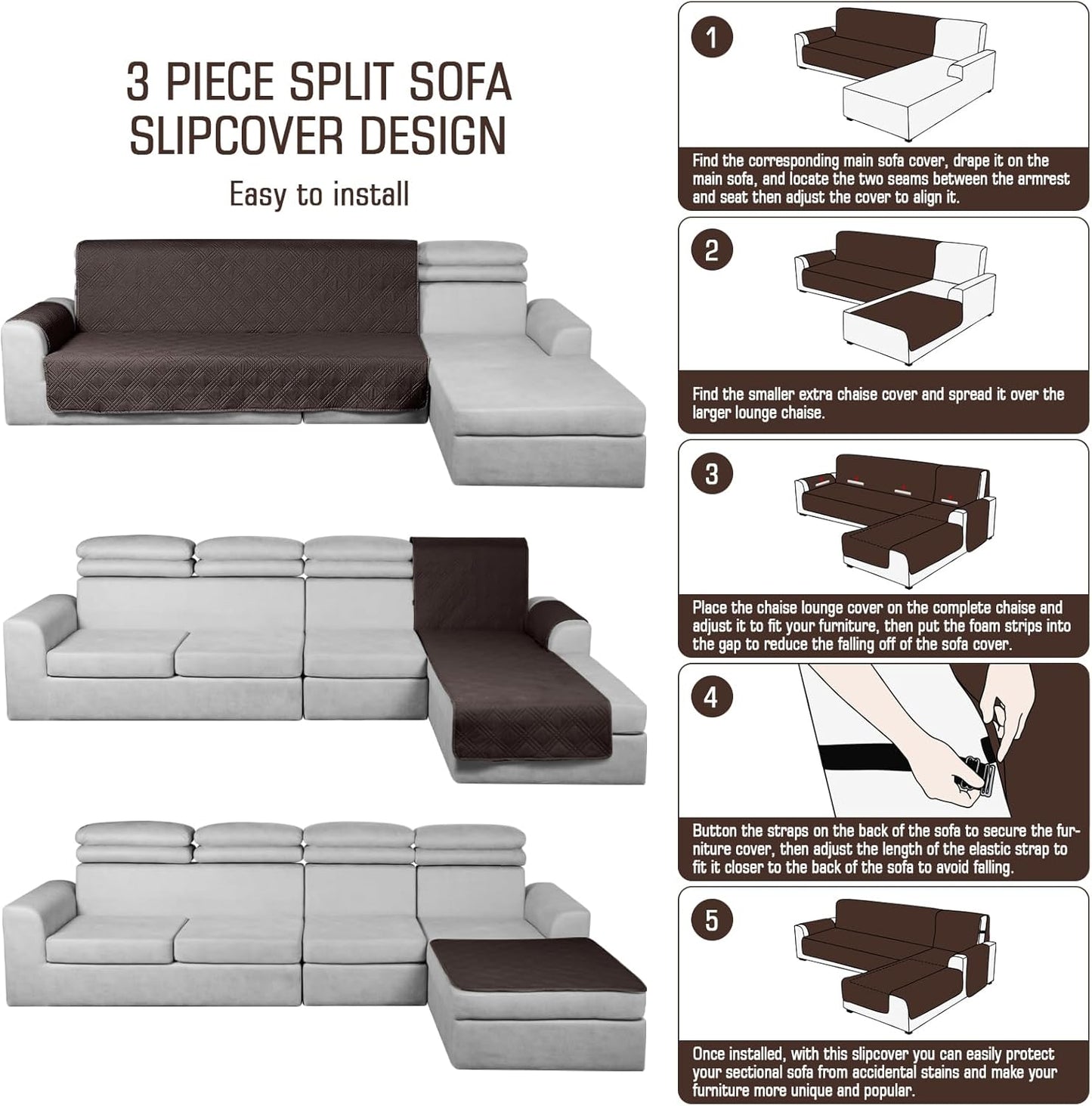 TAOCOCO 100% Waterproof 3-Piece Reversible L-Shaped Sectional Sofa Cover with Chaise, Large Size