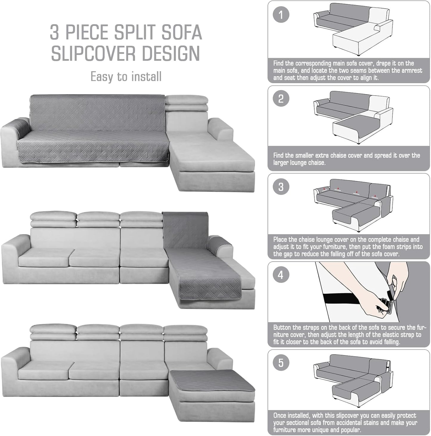 TAOCOCO 100% Waterproof 3-Piece Reversible L-Shaped Sectional Sofa Cover with Chaise, Small Size