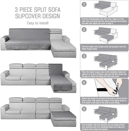 TAOCOCO 100% Waterproof 3-Piece Reversible L-Shaped Sectional Sofa Cover with Chaise, Small Size