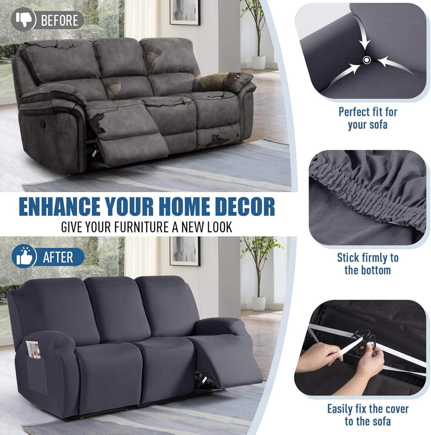 3-Piece Stretch Polyester 3-Seater Recliner Sofa Slipcover