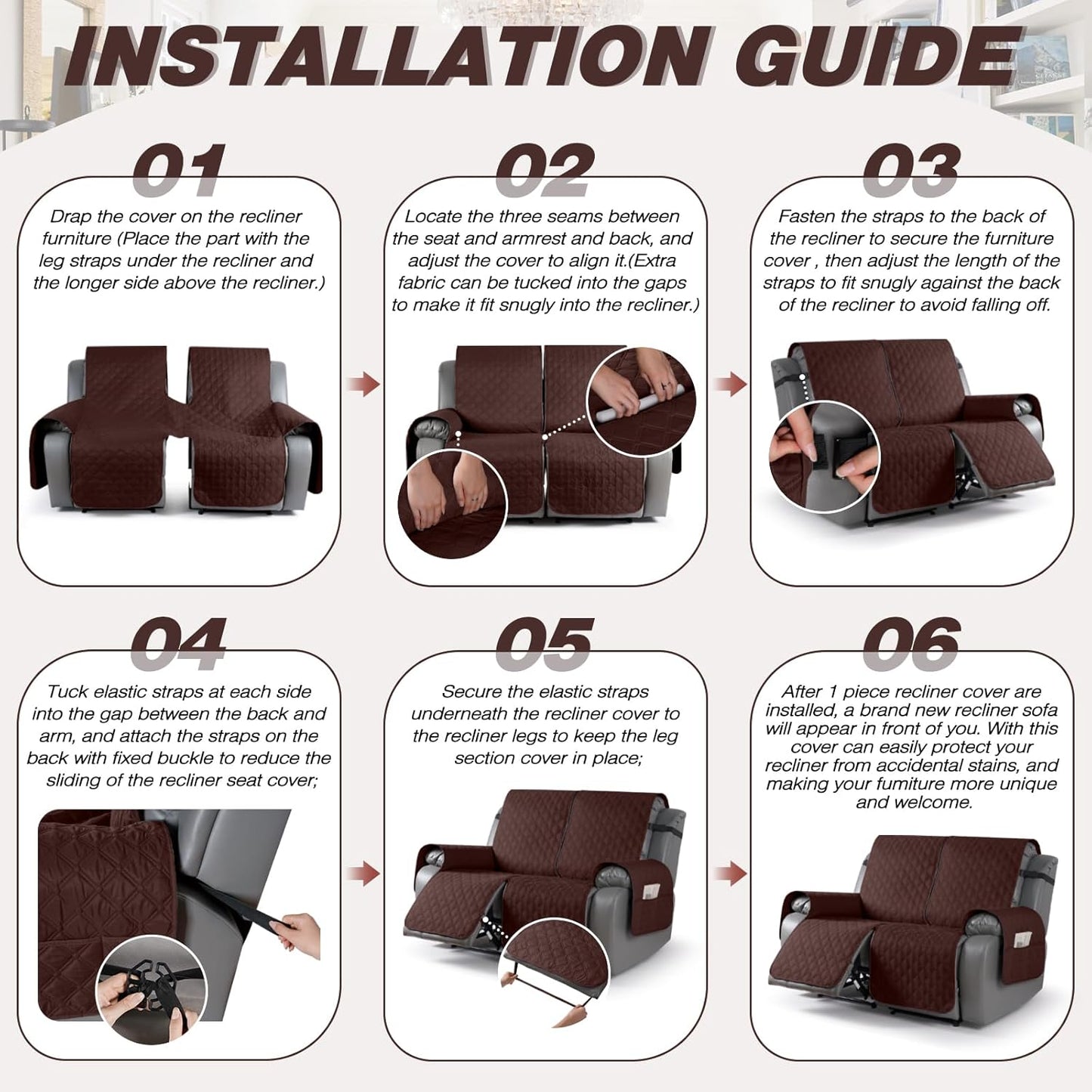 TAOCOCO 100% Waterproof 2-Seater Recliner Cover with Leg Straps, Reversible Washable Pet Sofa Protector