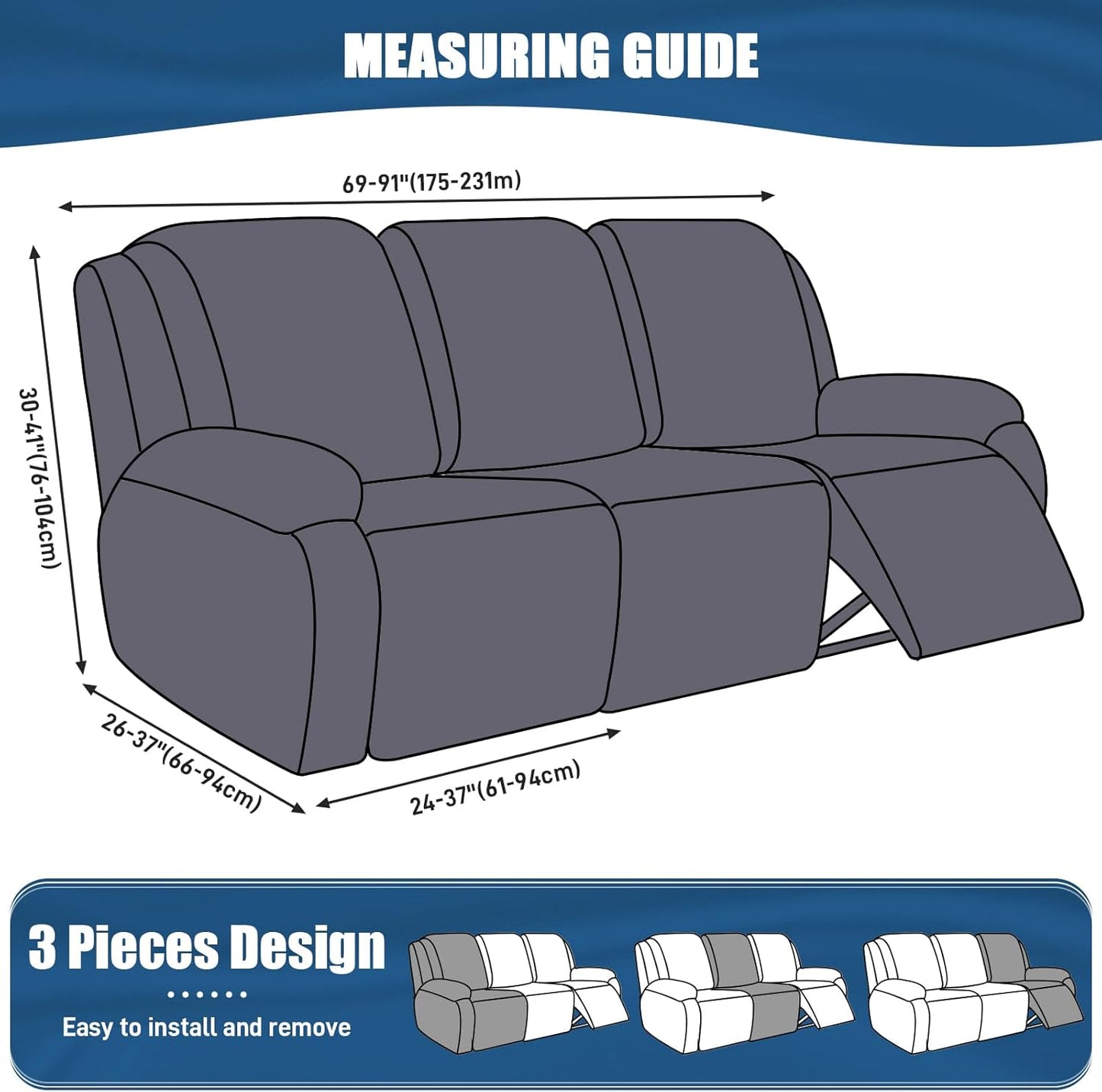 3-Piece Stretch Polyester 3-Seater Recliner Sofa Slipcover