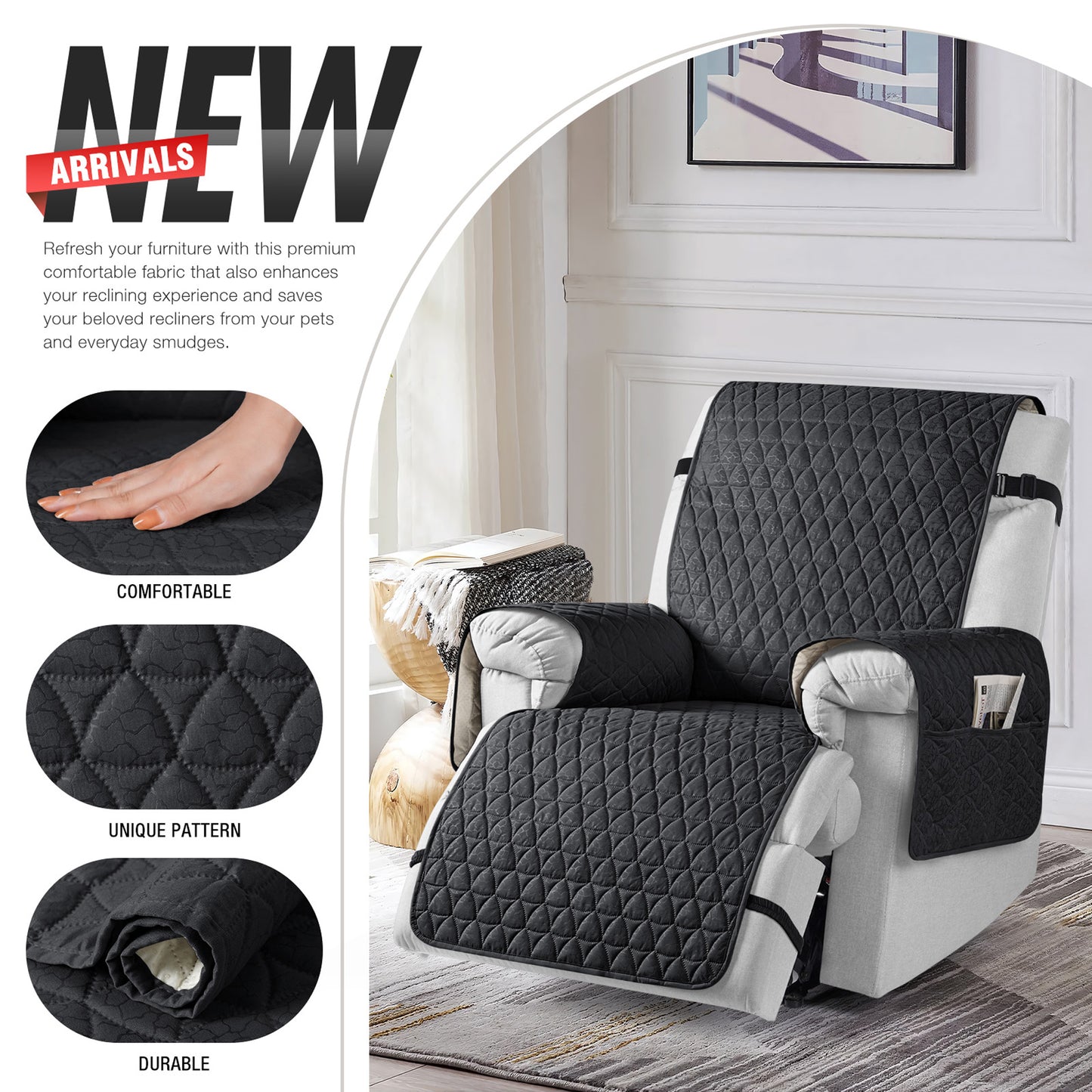 TAOCOCO Non Slip Solid Recliner Chair Covers with Pockets