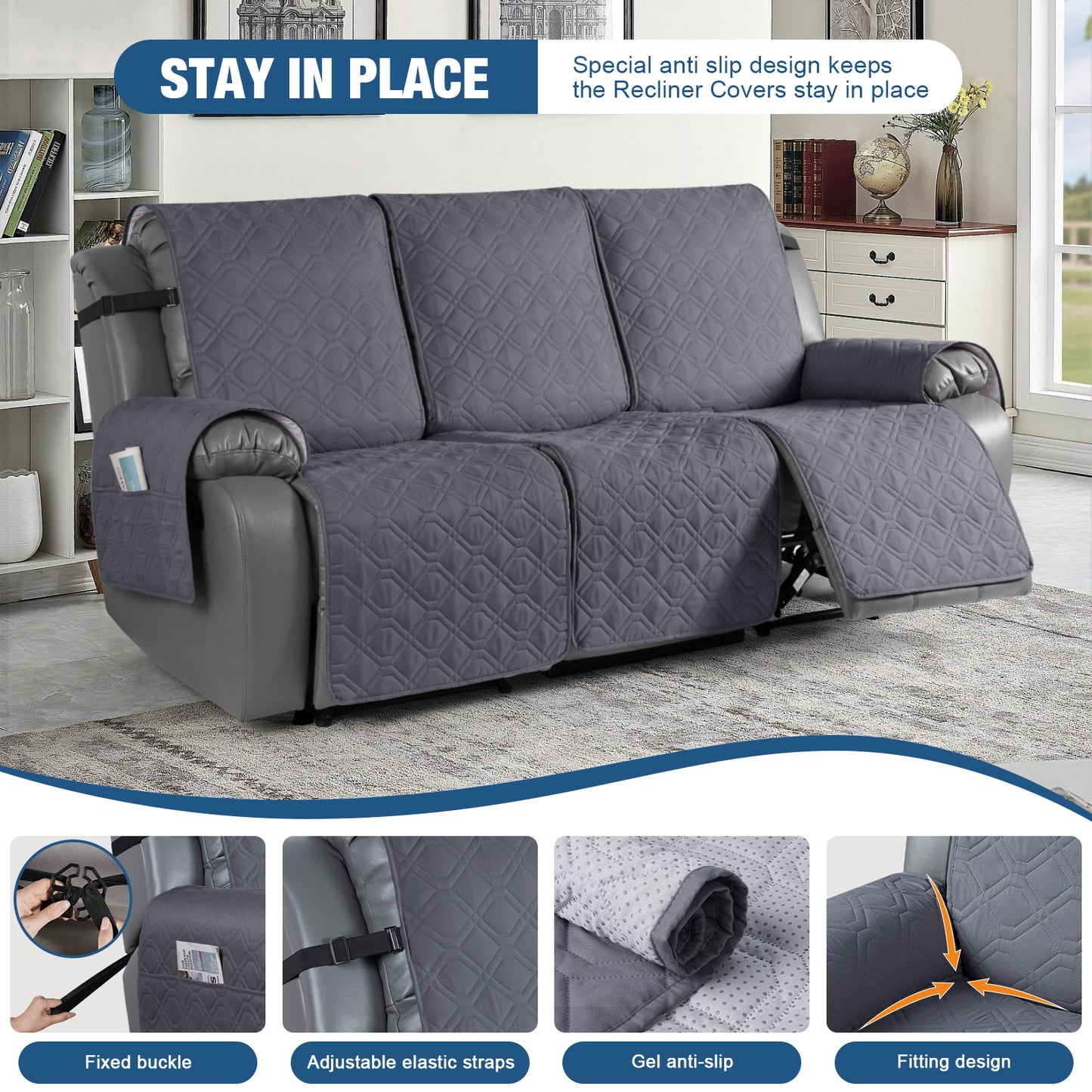 TAOCOCO 3 Seater Recliner Sofa Cover - Waterproof & Anti-Slip Armchair Slipcover - Reclining Chair Protector with Storage Pockets - Washable Furniture Cover for Dogs & Cats (Drak Grey)