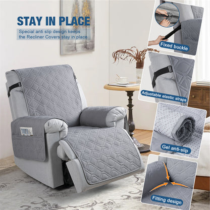 TAOCOCO 1 Seater Recliner Sofa Cover - Waterproof & Anti-Slip Armchair Slipcover - Reclining Chair Protector with Storage Pockets - Washable Furniture Cover for Dogs & Cats (Light Grey,22“ Seat Width)