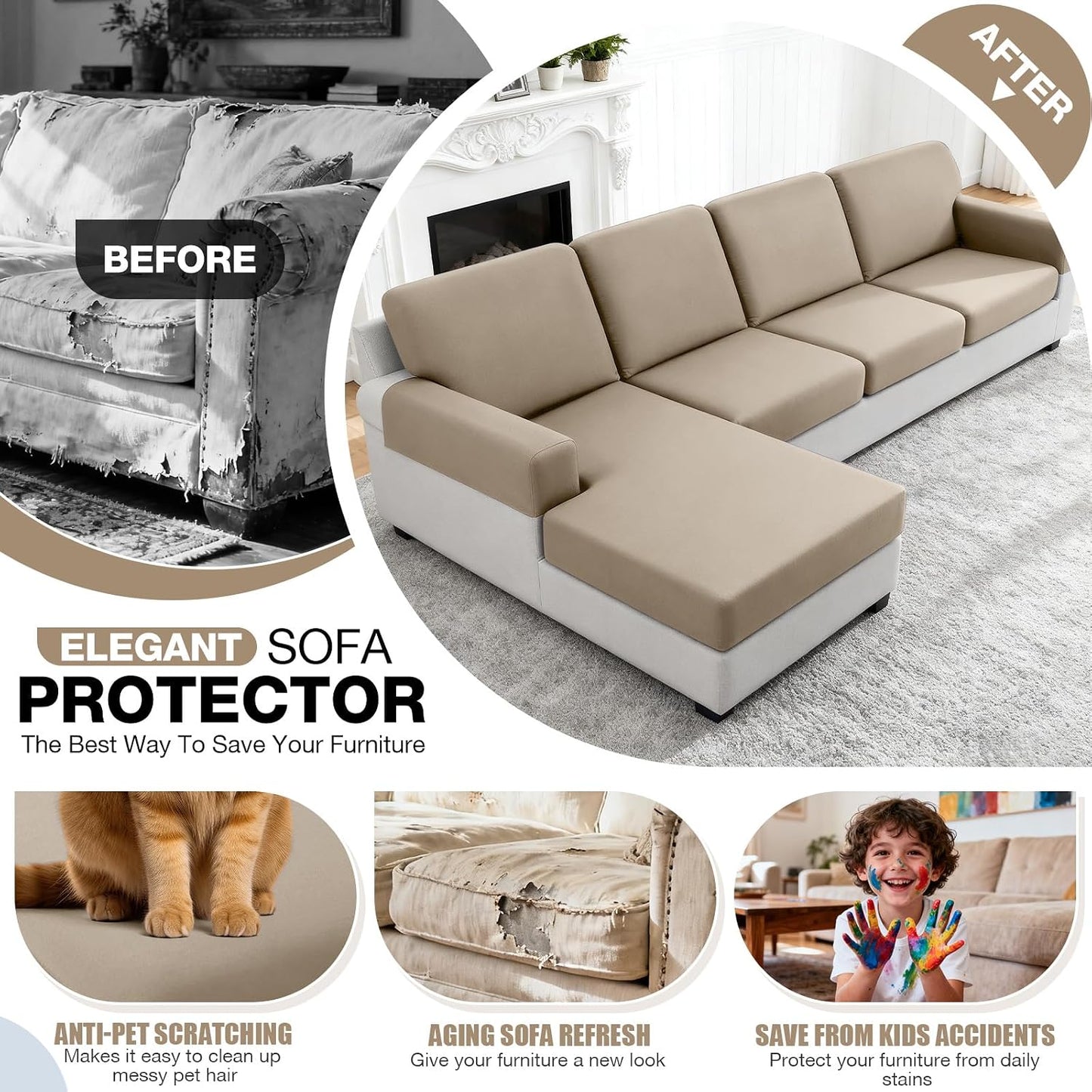 TAOCOCO 3-Piece L Shape Sectional Sofa Covers —3 Seater + 1 Chaise Cushion Covers