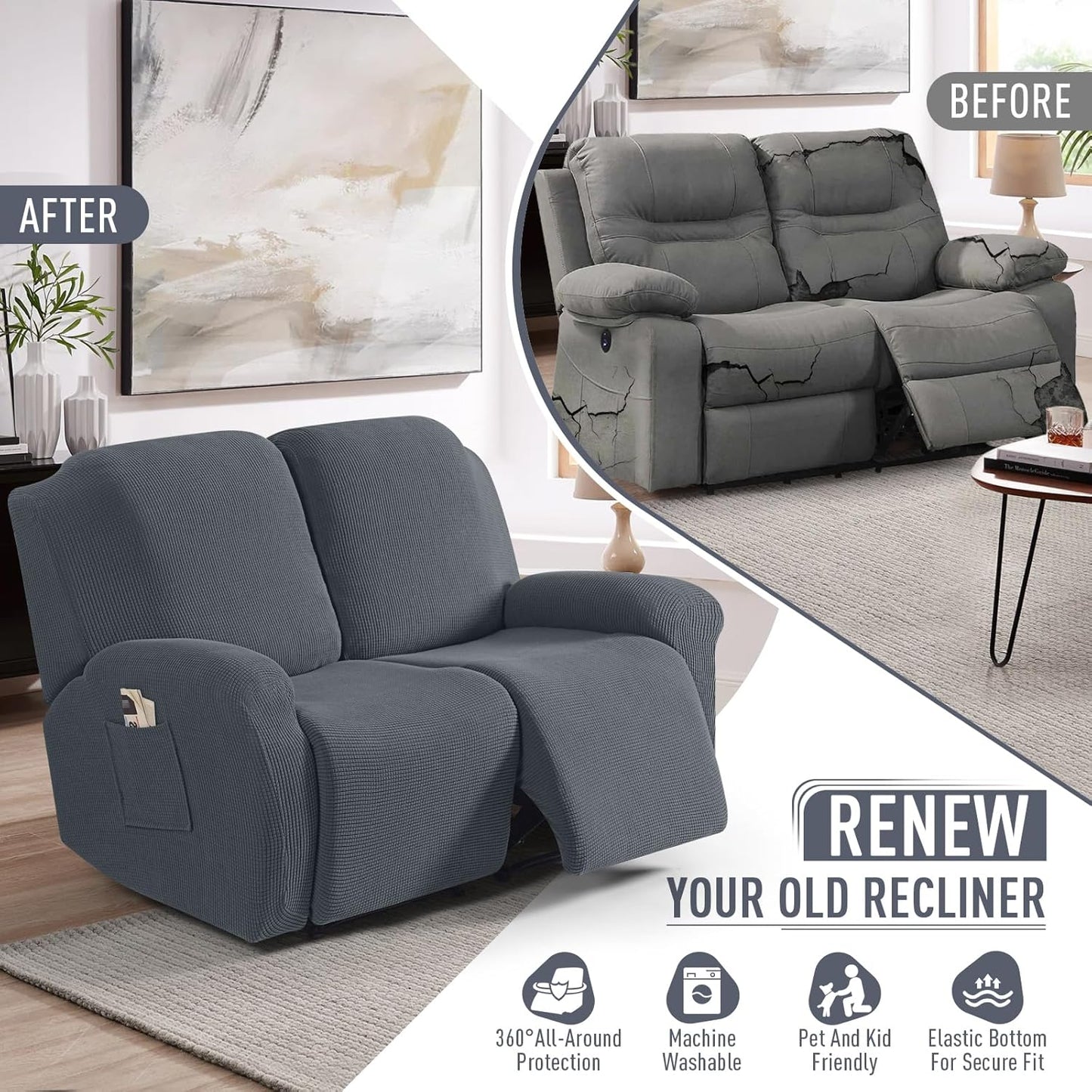 TAOCOCO Recliner Loveseat Slipcover 6 Pieces Dual Recliner Sofa Covers for 2 Seat