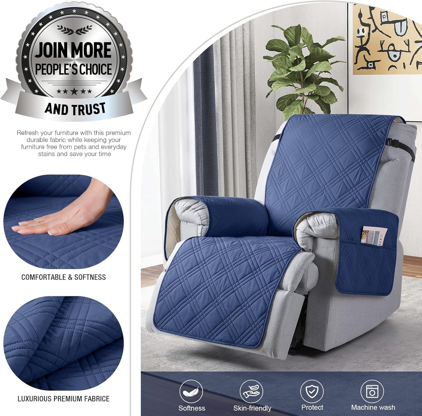 TAOCOCO 100% Waterproof 30 Inch Oversized 1-Seater Recliner Chair Cover with Side Pocket & Anti-Slip Straps, Pet & Kid Friendly Furniture Protector