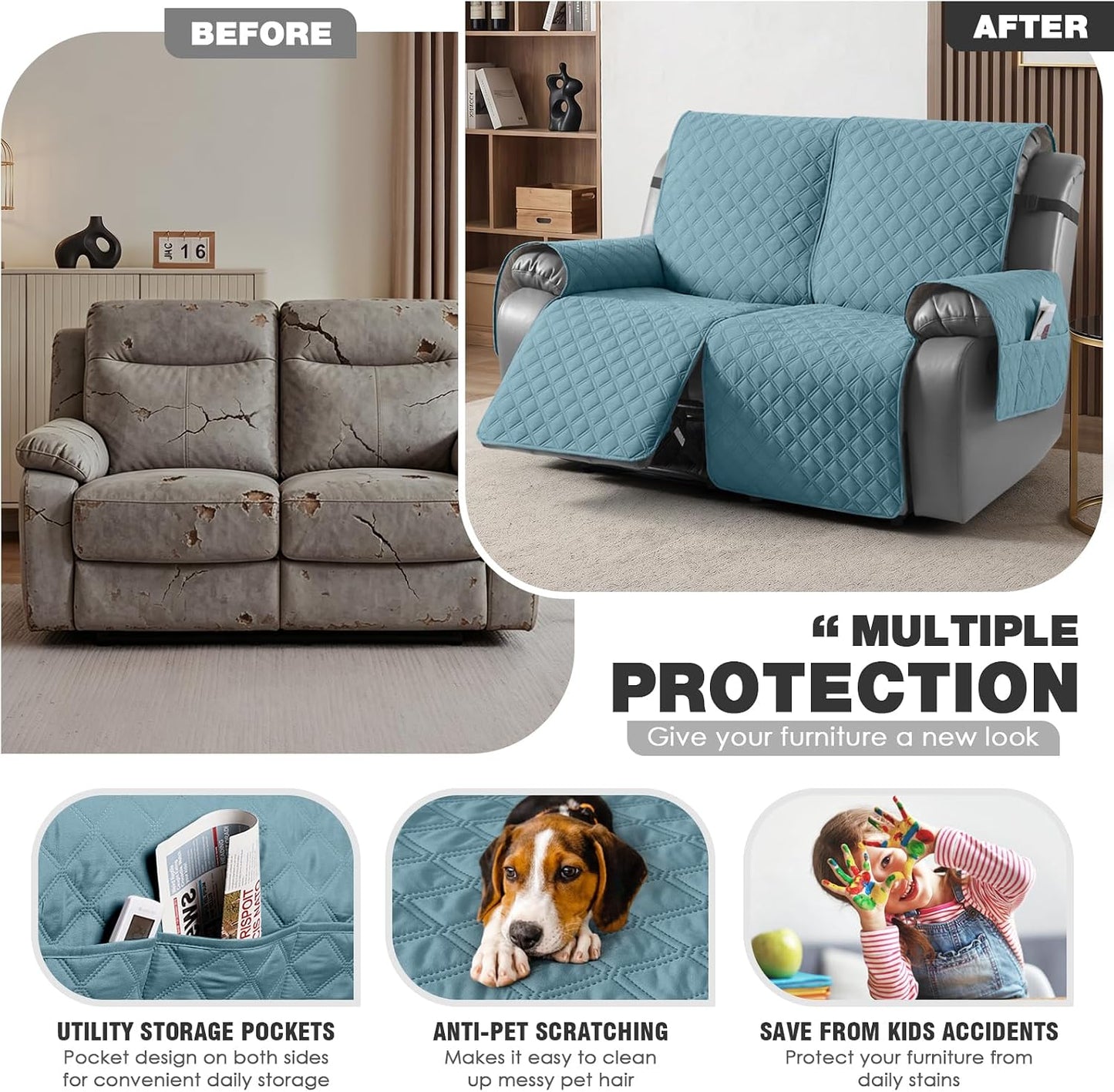 TAOCOCO 100% Waterproof 25.6 Inch 2-Seater Recliner Couch Cover