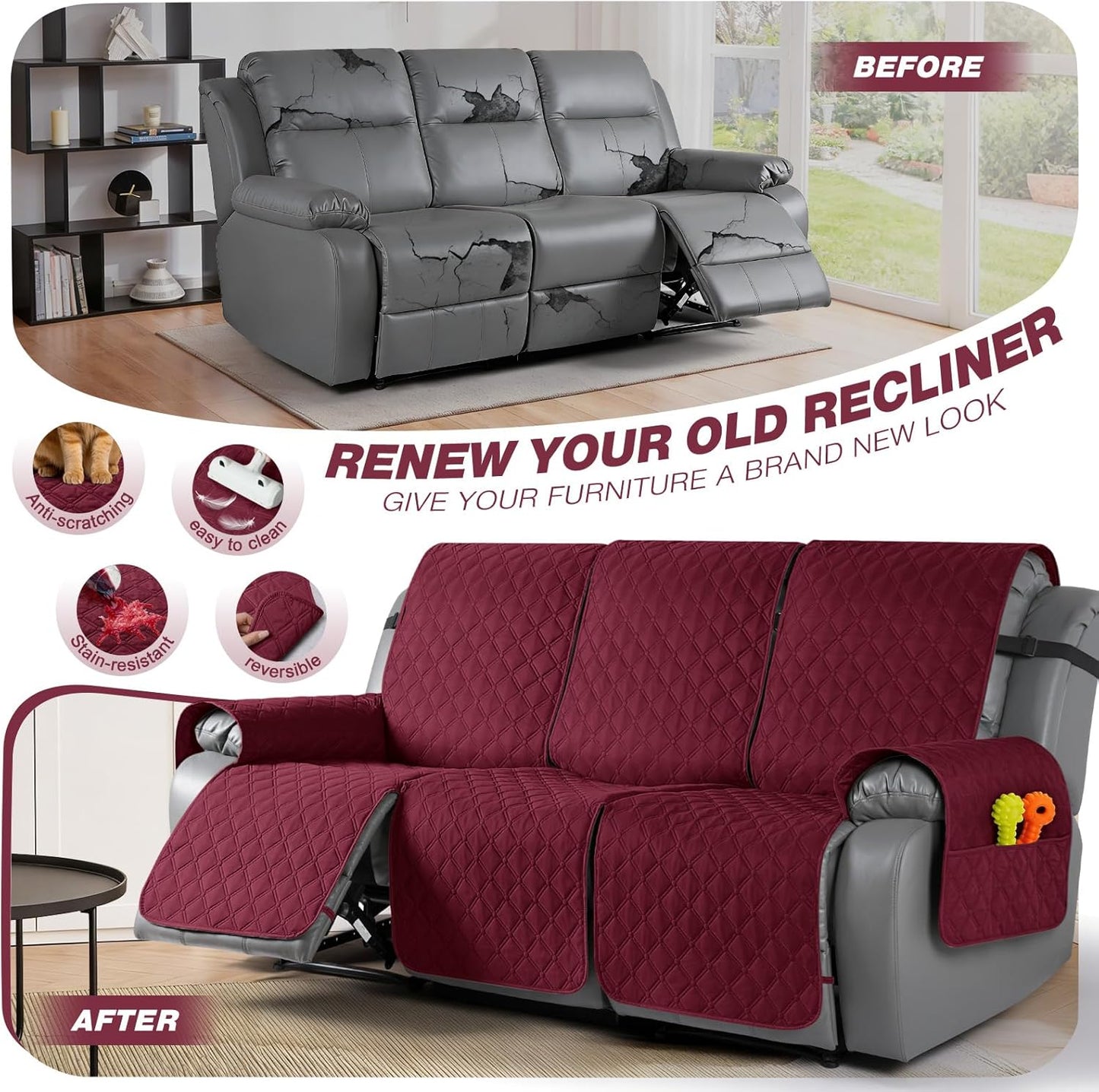 TAOCOCO 100% Waterproof 3-Seater Recliner Couch Cover with Leg Straps, Reversible Washable Furniture Protector for Pets & Kids