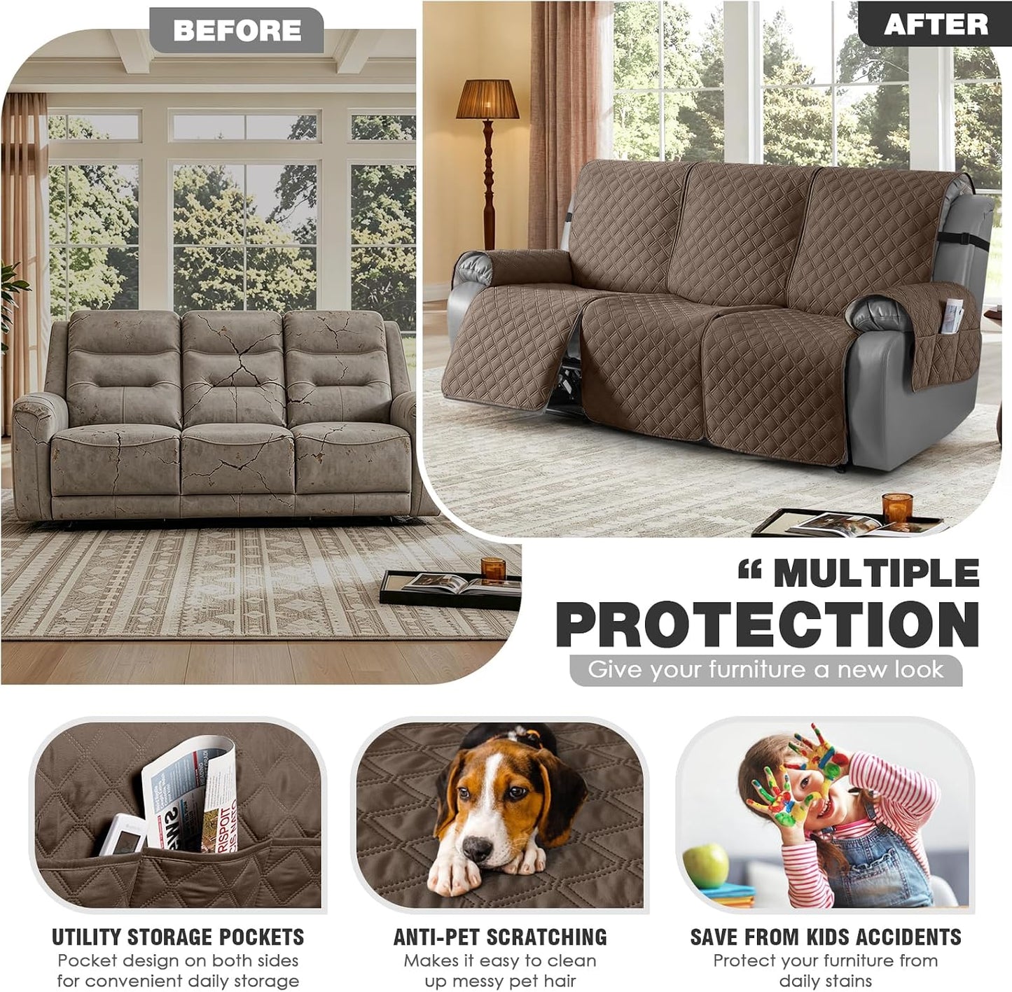 TAOCOCO 100% Waterproof 3-Seater 1-Piece Recliner Couch Cover