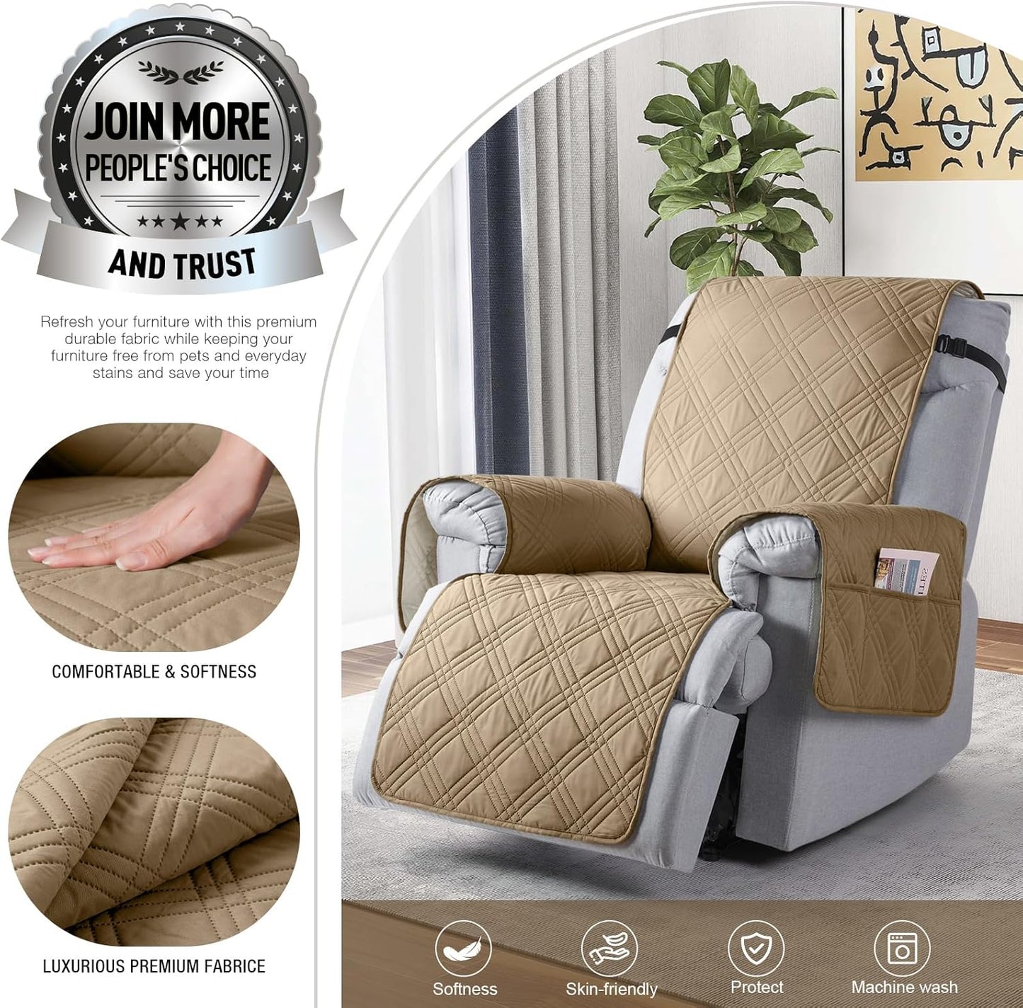 TAOCOCO 100% Waterproof 28 Inch  1-Seater Recliner Chair Cover with Side Pocket & Anti-Slip Straps