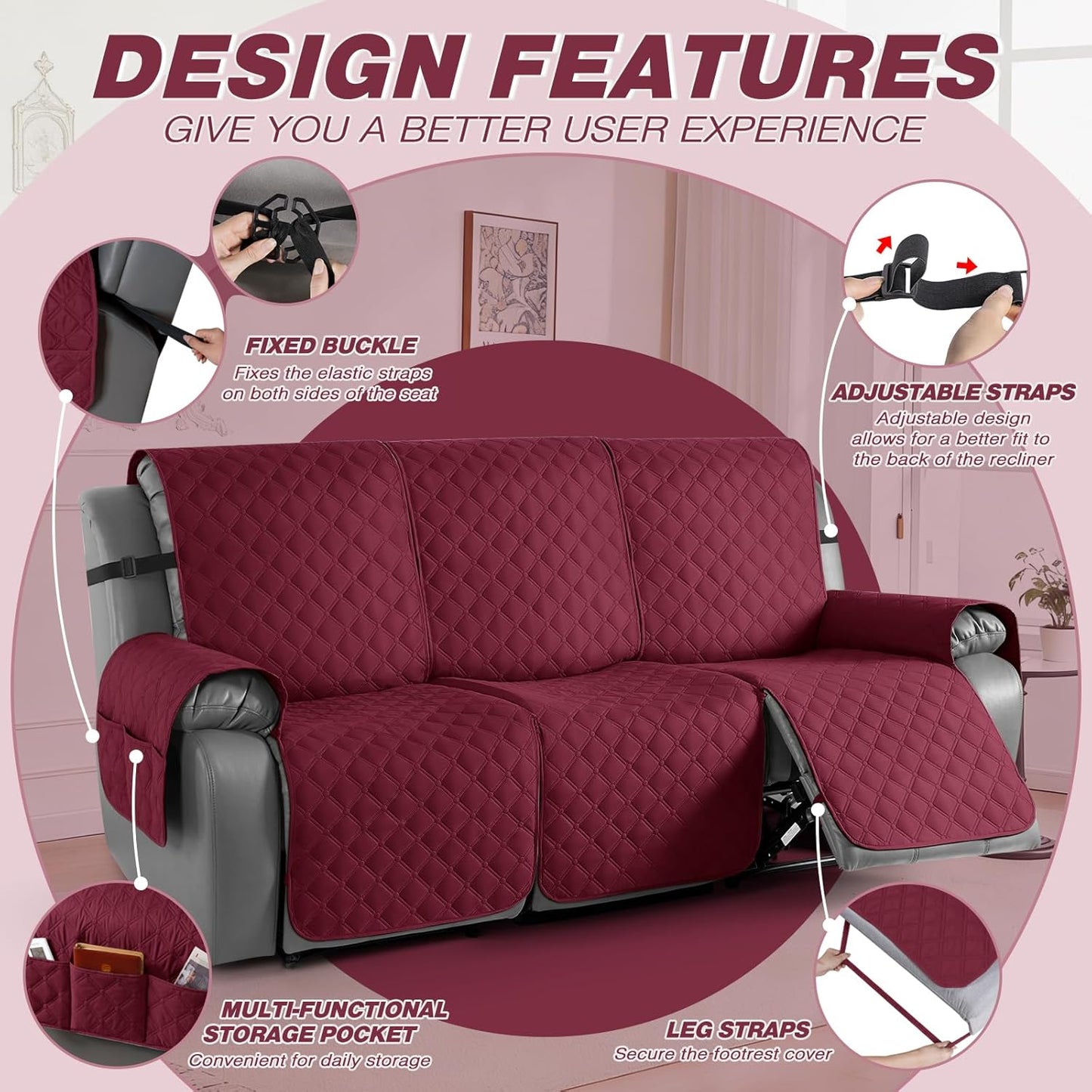 TAOCOCO 100% Waterproof 3-Seater Recliner Couch Cover with Leg Straps, Reversible Washable Furniture Protector for Pets & Kids