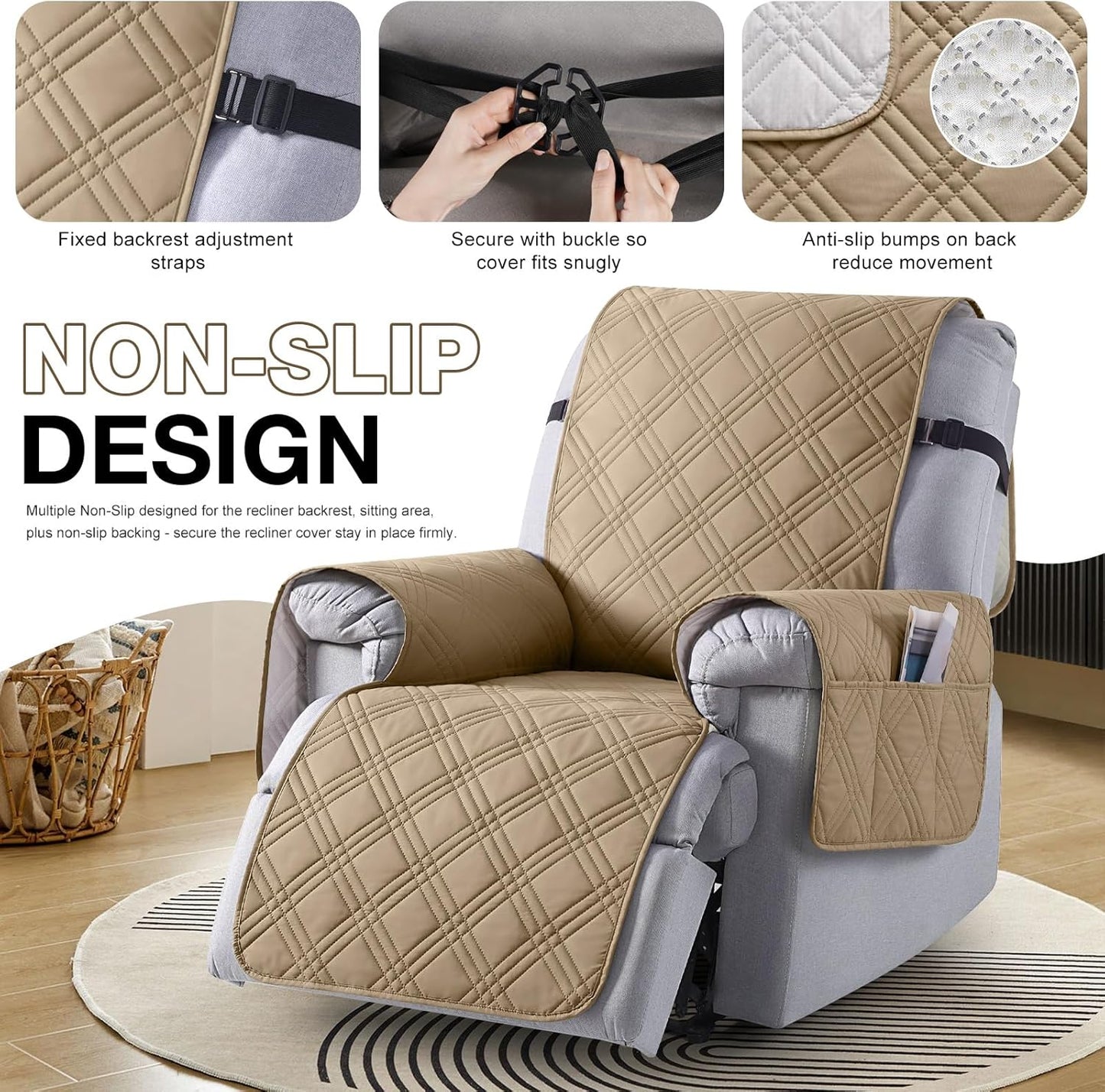 TAOCOCO 100% Waterproof 28 Inch  1-Seater Recliner Chair Cover with Side Pocket & Anti-Slip Straps