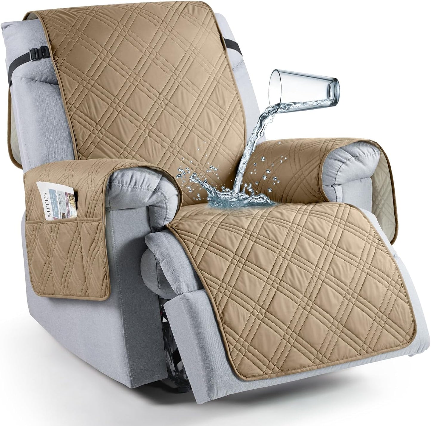 TAOCOCO 100% Waterproof 28 Inch  1-Seater Recliner Chair Cover with Side Pocket & Anti-Slip Straps