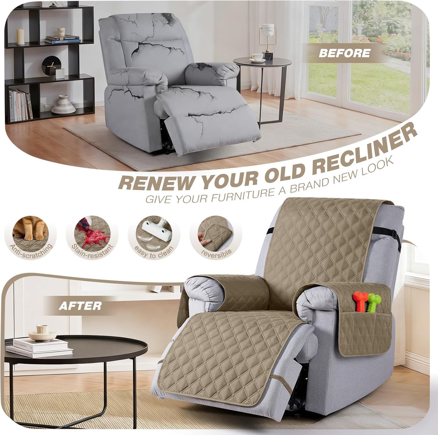 TAOCOCO 100% Waterproof 1-Seater Recliner Cover, 28 Inch