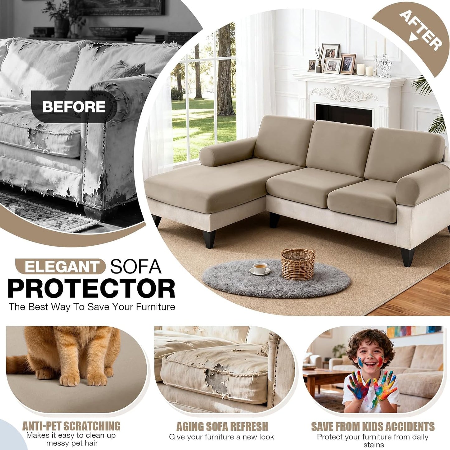 TAOCOCO 3-Piece L Shape Sectional Sofa Covers —2 Seater + 1 Chaise Cushion Covers