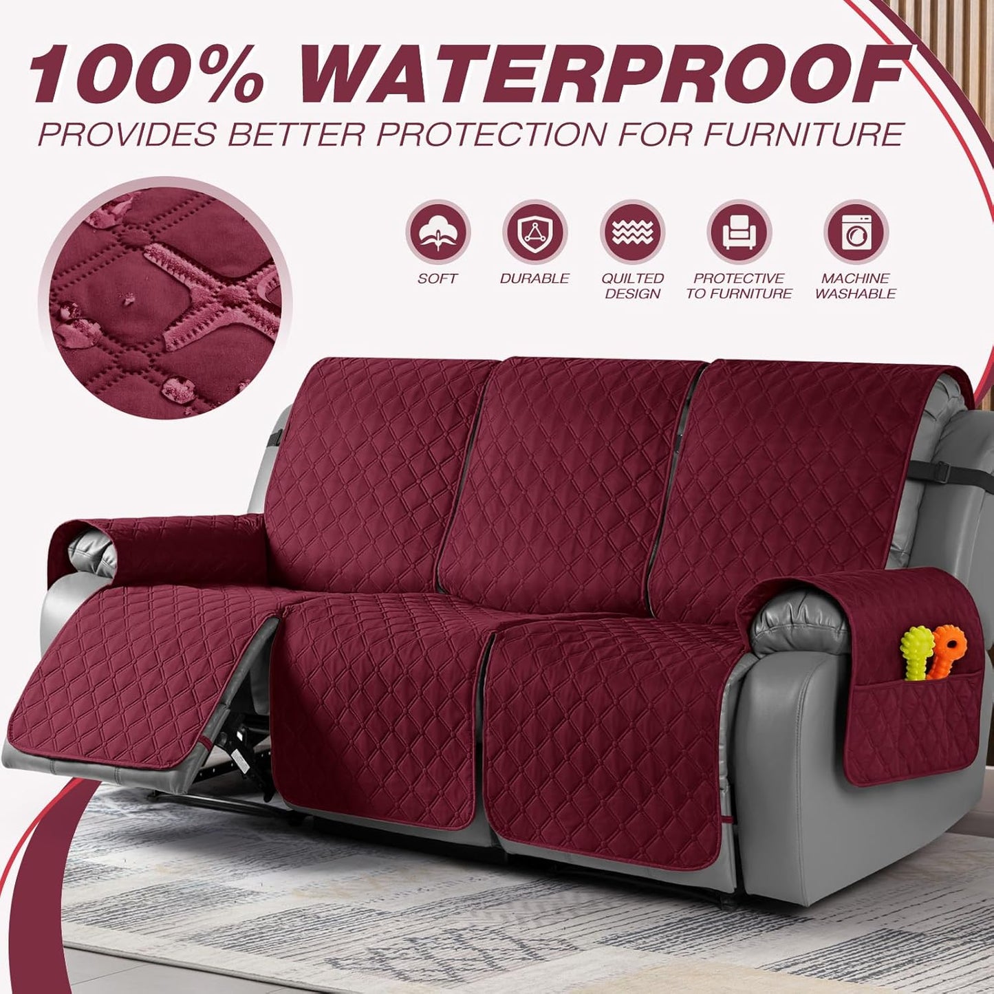 TAOCOCO 100% Waterproof 3-Seater Recliner Couch Cover with Leg Straps, Reversible Washable Furniture Protector for Pets & Kids