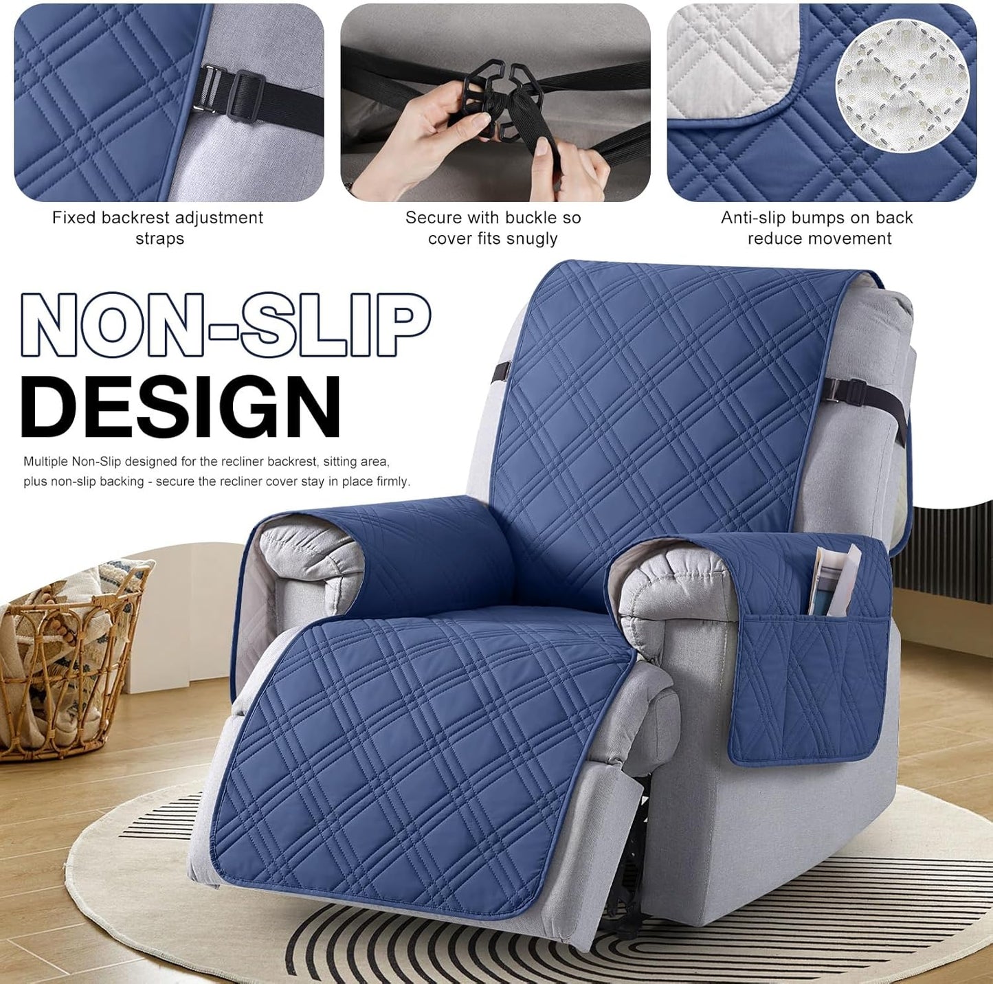 TAOCOCO 100% Waterproof 30 Inch Oversized 1-Seater Recliner Chair Cover with Side Pocket & Anti-Slip Straps, Pet & Kid Friendly Furniture Protector