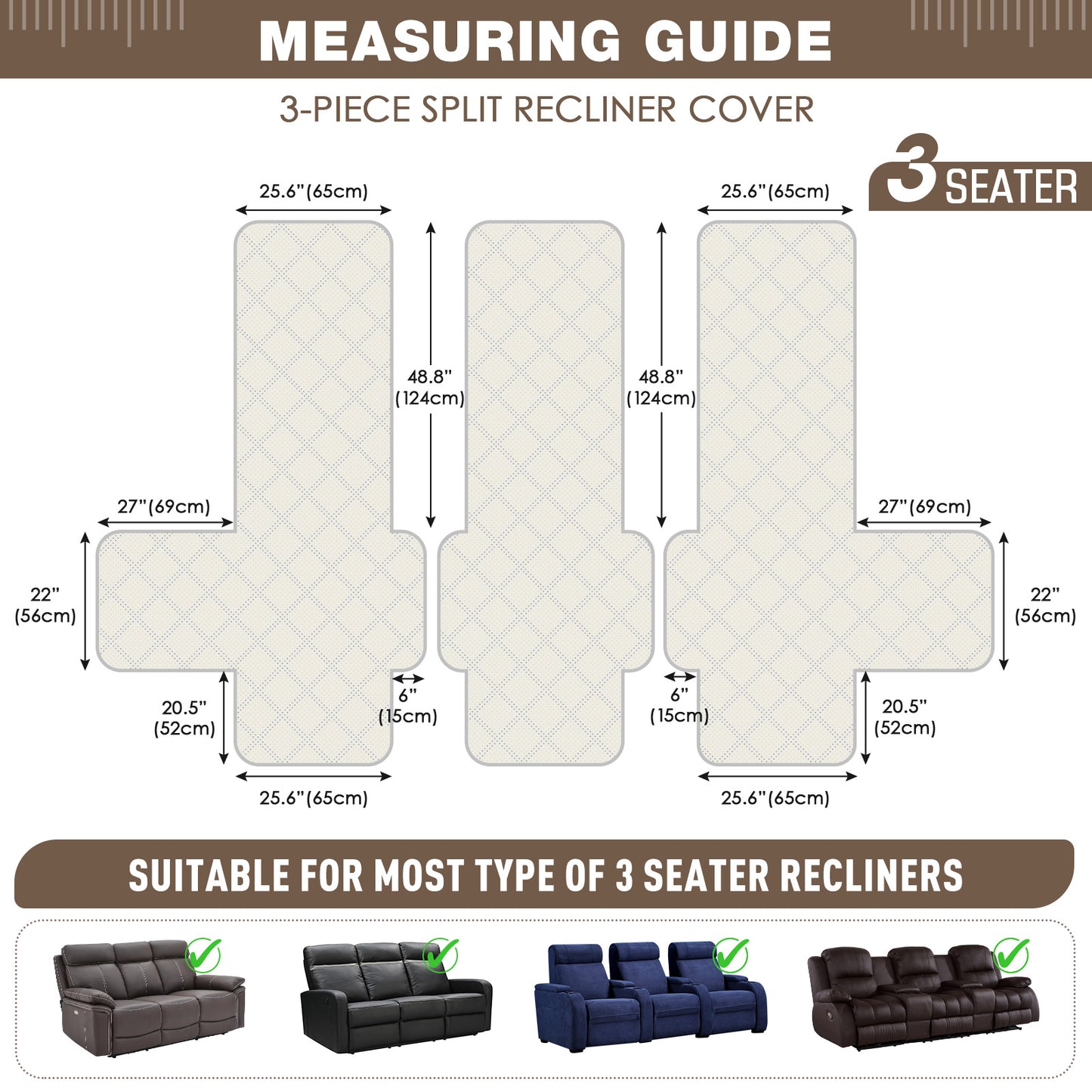100% Waterproof Recliner Cover for 3 Seat Reclining Sofas