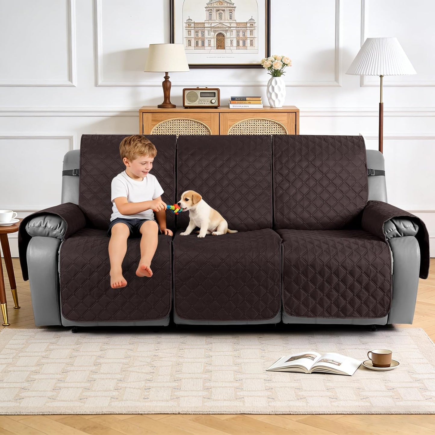 TAOCOCO 100% Waterproof 3-Seater Recliner Couch Cover with Leg Straps, Reversible Washable Furniture Protector for Pets & Kids