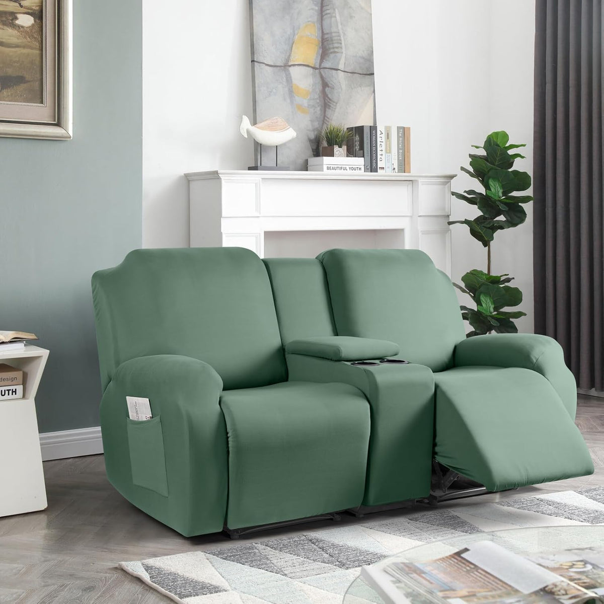 Taococo Stretch Recliner Loveseat Cover with Console  for home decor in bean green