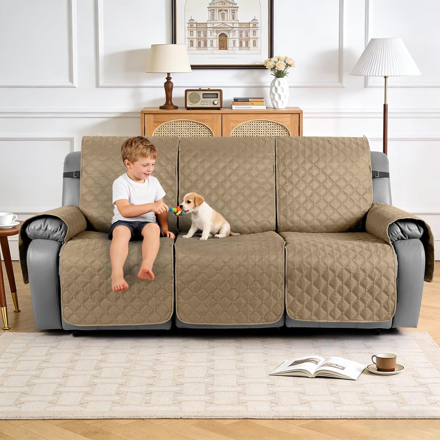 TAOCOCO 100% Waterproof 3-Seater Recliner Couch Cover with Leg Straps, Reversible Washable Furniture Protector for Pets & Kids