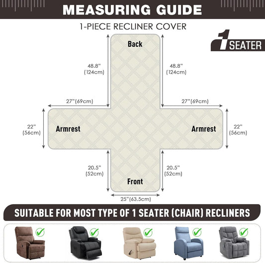 TAOCOCO 100% Waterproof 25 Inch Oversized 1-Seater Recliner Chair Cover with Side Pocket & Anti-Slip Straps