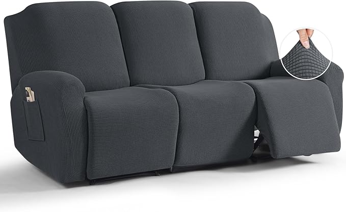TAOCOCO 8-Piece Stretch Recliner Sofa Cover 3-Seat in Charcoal Gray for home decor