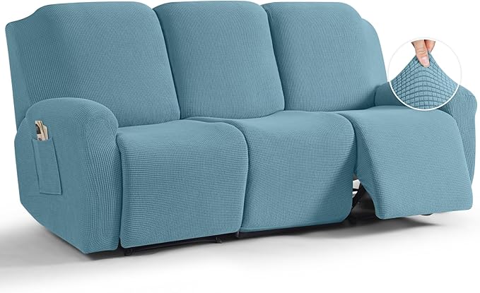 TAOCOCO 8-Piece Stretch Recliner Sofa Cover 3-Seat in Dusty Blue for home decor