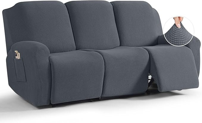 TAOCOCO 8-Piece Stretch Recliner Sofa Cover 3-Seat in  Grey, furniture protector for kids, pets