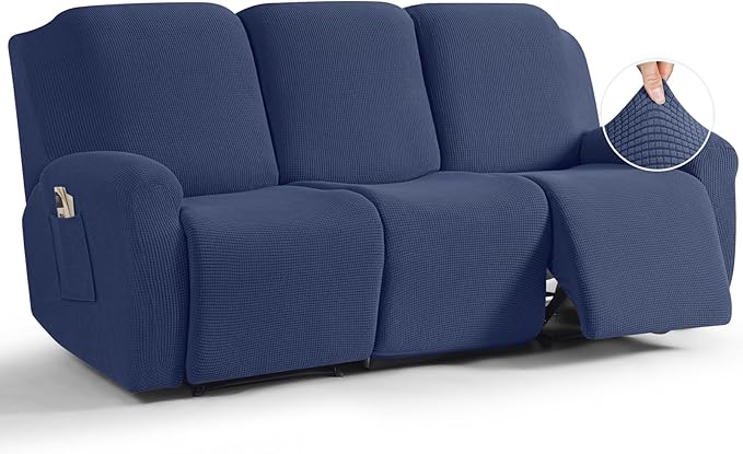 TAOCOCO 8-Piece Stretch Recliner Sofa Cover 3-Seat in Navy Blue – Pet Friendly