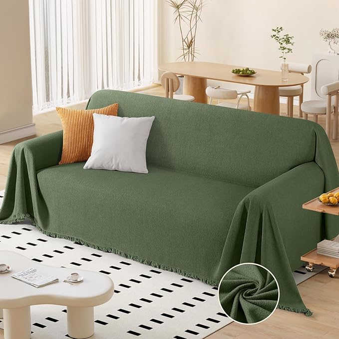 TAOCOCO Couch Cover Blanket with Tassels for 3-Cushion Couch in forest green – Pet Friendly