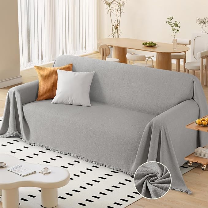 TAOCOCO Couch Cover Blanket with Tassels for 3-Cushion Couch in light gray – Pet Friendly