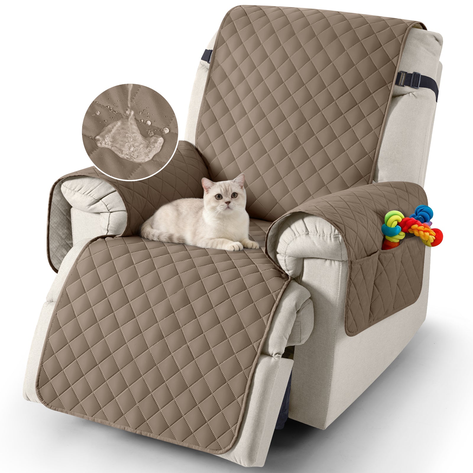 TAOCOCO brown 1 seater recliner slipcover, 100% waterproof non slip armchair cover with side pockets, pet friendly reclining chair furniture protector