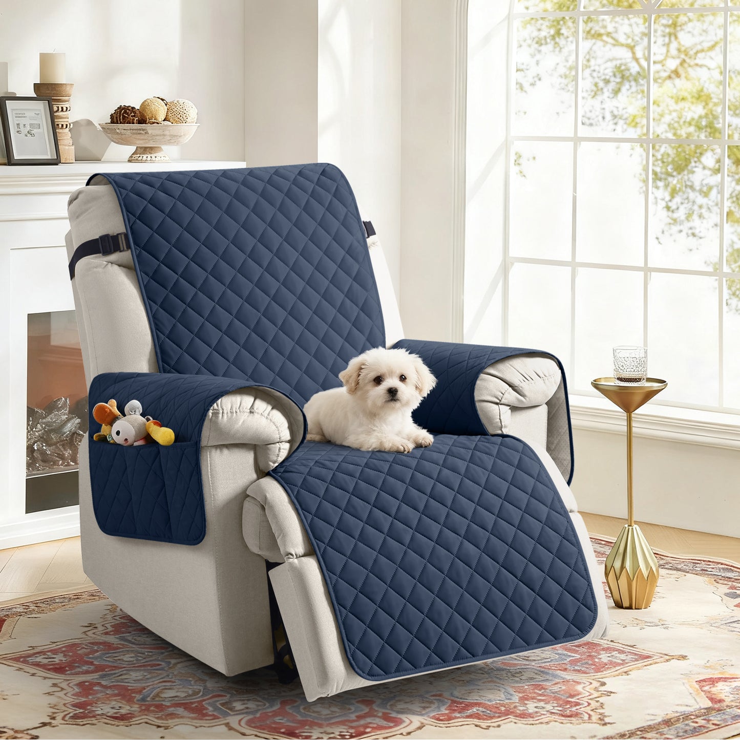 TAOCOCO 1 seater recliner slipcover, 100% waterproof non slip armchair cover with side pockets, pet friendly reclining chair furniture protector in navy blue