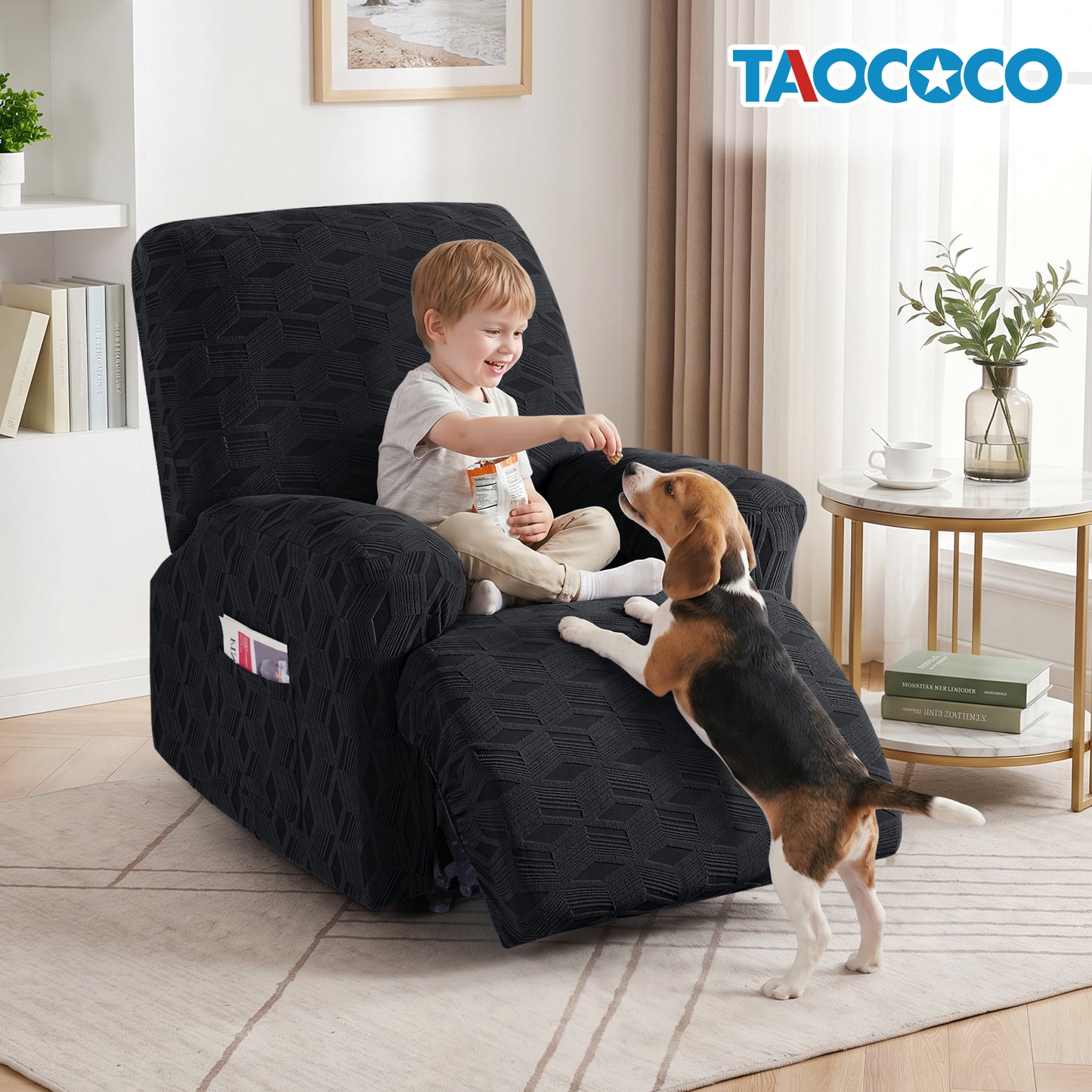 TAOCOCO Stretch  Recliner Chair Cover – 1xl Seater in black pet friendly jacquard