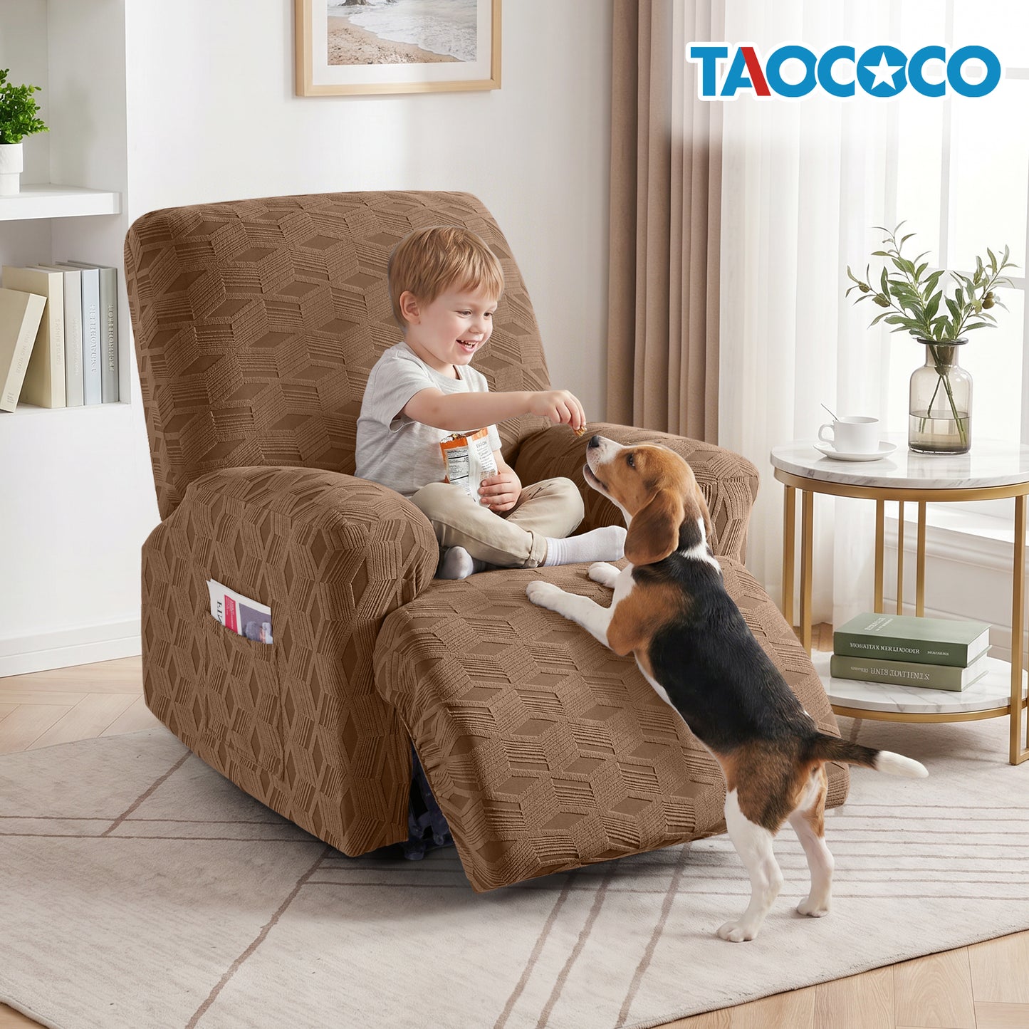 TAOCOCO Stretch  Recliner Chair Cover – 1xl Seater in brown pet friendly jacquard